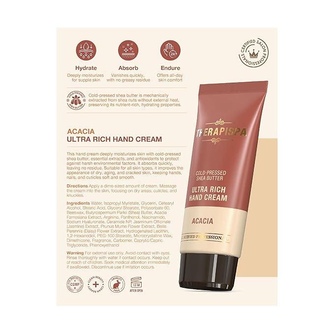 Ultra Rich Hand Cream – Intensive Hydration & Repair for Dry, Chapped Hands | Enriched with Shea Butter, Ceramides, Niacinamide (B3) & Panthenol (B5) (Acacia, 2.0 oz, Pack of 1)