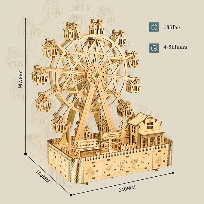 3D Wooden Puzzle Upgraded Ferris Wheels Music Box Model LED Light DIY Crafts Kits Home Decoration Brain Teaser Valentine’s Day Birthday Gift for Adults & Kids (Ferris Wheel LG)