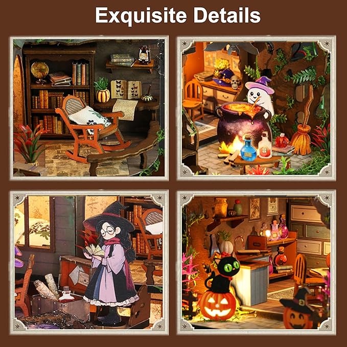 ISSEVE DIY Miniature House Kit, Tiny House Dollhouse Kit for Adults, Mini House Building Kits, Halloween Christmas Home Bookshelf Decoration, Gifts for Family and Friends (Magic Castle)