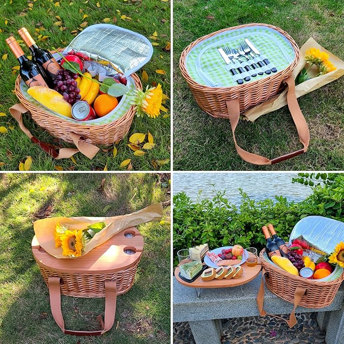 Hap Tim Wicker Picnic Basket Set for 2 with Mini Folding Wine Picnic Table & Large Insulated Cooler Bag & Cutlery Service Kits for 2 Person, Couples Gifts, Wedding Gifts (Y2209-2-GR)