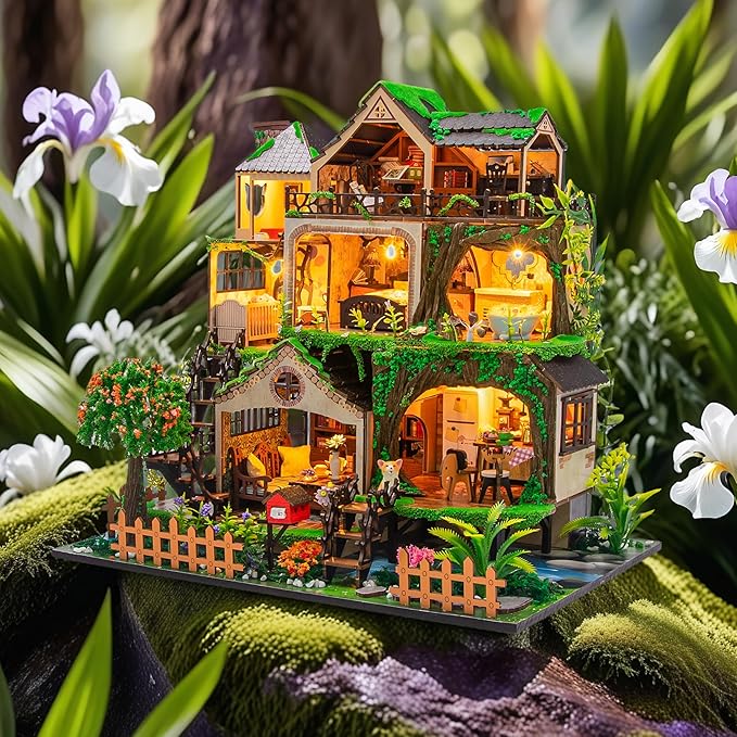 ISSEVE DIY Miniature House Kit, Tiny House Dollhouse Kit for Adults, Mini House Building Kits, Halloween Christmas Home Bookshelf Decoration, Gifts for Family and Friends (Forest Castle)
