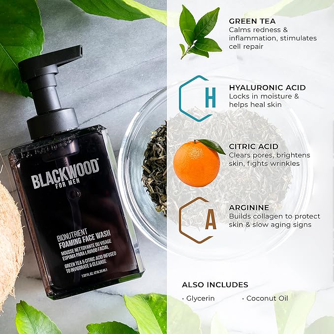 Blackwood For Men BioNutrient Foaming Face Wash - Gentle Daily Acne Facial Cleanser For Dry to Sensitive Skin - Deep Cleanse for Exfoliation - Paraben Free, Sulfate Free, & Cruelty Free (4.45 oz)