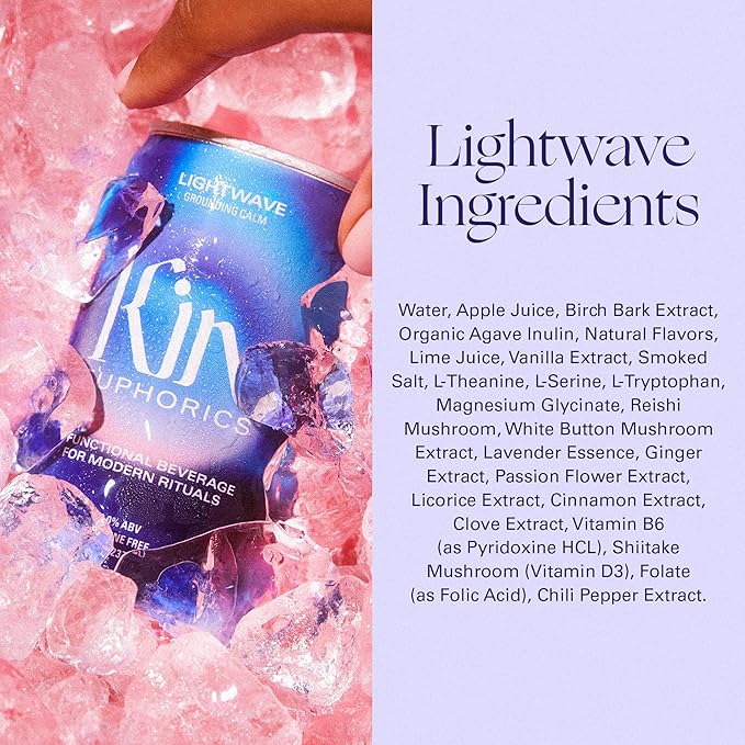 Kin Euphorics Lightwave Non-Alcoholic Functional Beverage | Calm the Mind & Mellow the Mood | Adaptogens, Nootropics, Reishi Mushroom & L-Theanine | 8 Fl Oz (8pk)