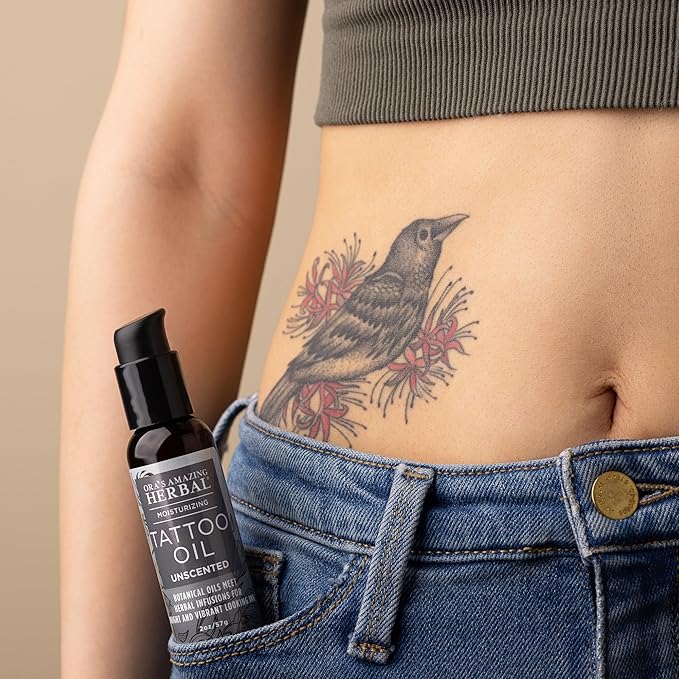 Ora's Amazing Herbal Unscented Tattoo Oil, Fragrance Free Moisturizer For Tattoos, Heal New & Brighten Old, Soothe Itch, Moisturize, Men Women, Natural Tattoo Aftercare, (2 oz)
