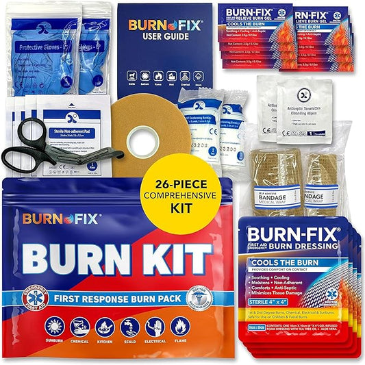 BurnFix® Burn Kit First Aid Recommended by Doctors, Comprehensive 25pcs First Aid Kit Includes First Aid Burn Cream, Burn Dressing, Gloves, Scissors, Wipes Burn Relief - Sunburn, Flame Burn, Burn Care