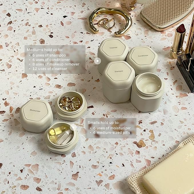 Cadence Travel Containers - Daily Routine Capsule Set - Magnetic Containers with Lids,4 Flex Mediums (1.32oz) & 3 Flex Smalls (0.56oz) - Shampoo, Conditioner, Body Wash, Pills, & More - Sand