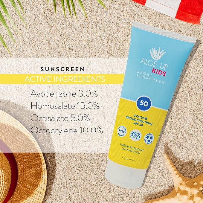 Aloe Up Kids Sport Sunscreen Lotion SPF 50 - Broad Spectrum Sheer Face and Body Sunscreen Protector for Sensitive Skin - With Aloe Vera Gel - Dries Fast - Reef Safe - Fragrance-Free - 6 Oz
