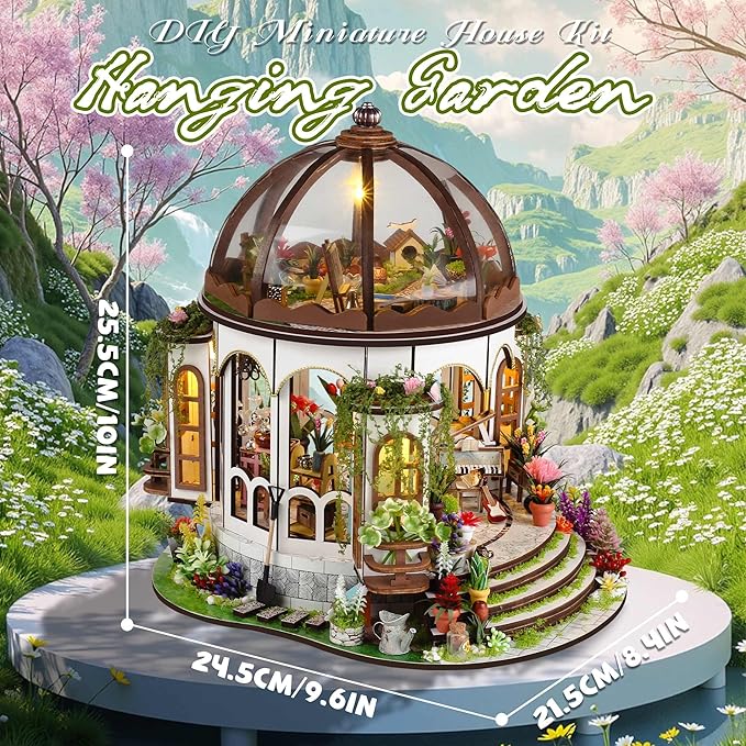 Kisoy DIY Miniature House Kit, Tiny House Building Kit with Furniture and LED Light for Adults and Teens, DIY Mini House Craft Kit, Decorations/Gifts for Family and Friends（Hanging Garden）