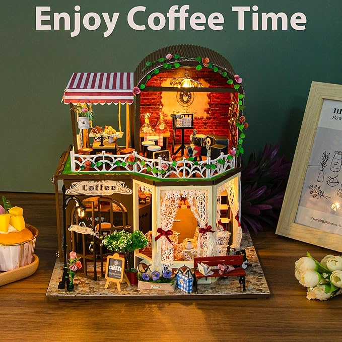 ISSEVE DIY Book Nook Kit, Miniature House Kit with LED Light for Booknook, Mini House Building Kit for Adults, Tiny Dollhouse Bookshelf Home Decor Halloween Christmas Crafts Gifts (Coffee Time)