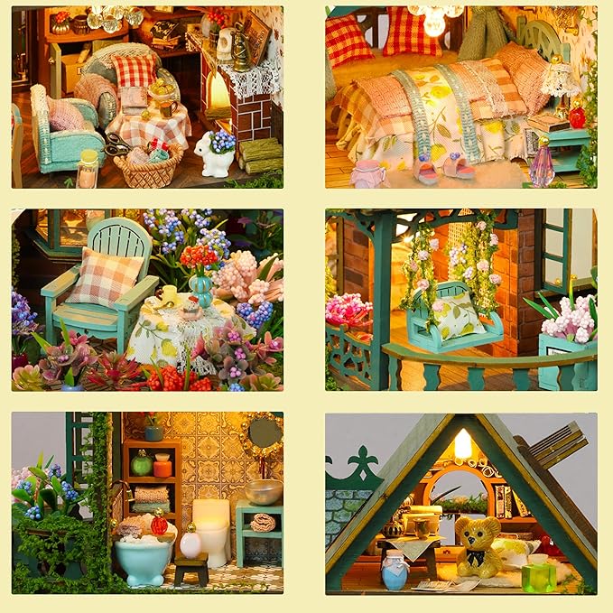 ISSEVE DIY Miniature House Kit, Tiny House Dollhouse Kit for Adults, Mini House Building Kits, Halloween Christmas Home Bookshelf Decoration, Gifts for Family and Friends (Fairy Garden House)