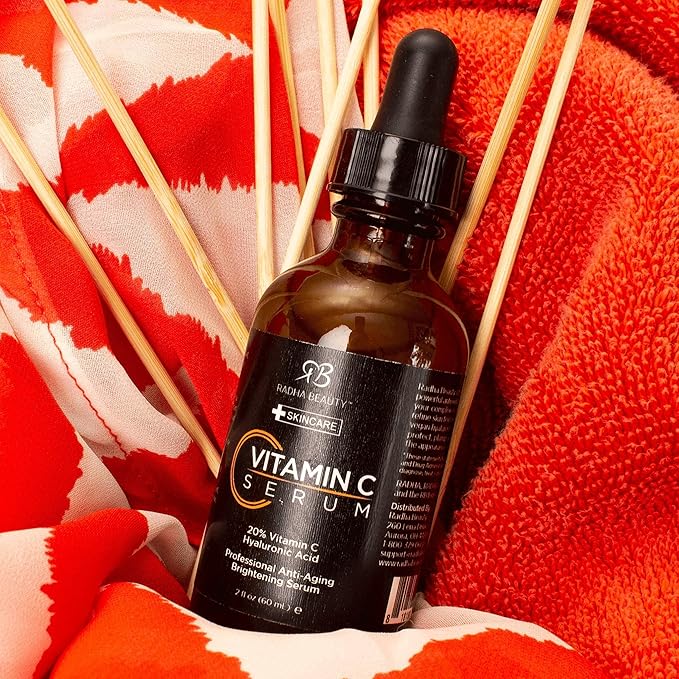 Radha Beauty Natural Vitamin C Serum 2oz, Vitamin C, Vitamin E, Hyaluronic Acid and Aloe, Facial Serum for Anti-Aging Wrinkles, Dark Spots, Fine Lines