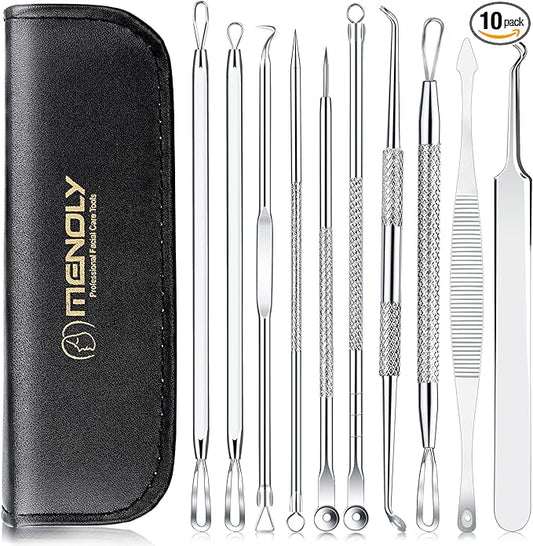 MENOLY Pimple Popper Tool Kit 10 Pcs Blackhead Remover Tool Zit Popper for Blemish, Pimple Comedone Extractor Acne Tool for Blackheads, Acnes, Whiteheads Nose Face with Leather Bag
