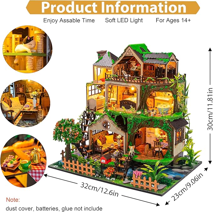 ISSEVE DIY Miniature House Kit, Tiny House Dollhouse Kit for Adults, Mini House Building Kits, Halloween Christmas Home Bookshelf Decoration, Gifts for Family and Friends (Forest Castle)