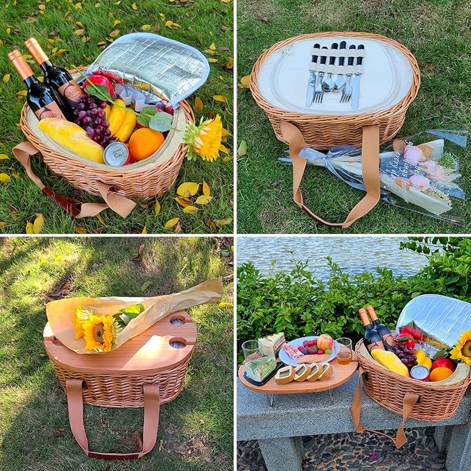Hap Tim Wicker Picnic Basket Set for 2 with Mini Folding Wine Picnic Table & Large Insulated Cooler Bag & Cutlery Service Kits for 2 Person, Couples Gifts, Wedding Gifts (Y2209-2-CM)