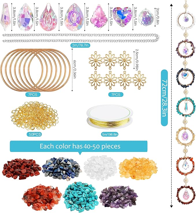7 Chakra Sun Catcher Kit for Adults DIY Crystal Suncatcher Ornaments with Healing Stones, Window Hanging Arts and Crafts, Suncatcher Making Supplies Kit Hanging Ornaments Decor for Home Gifts