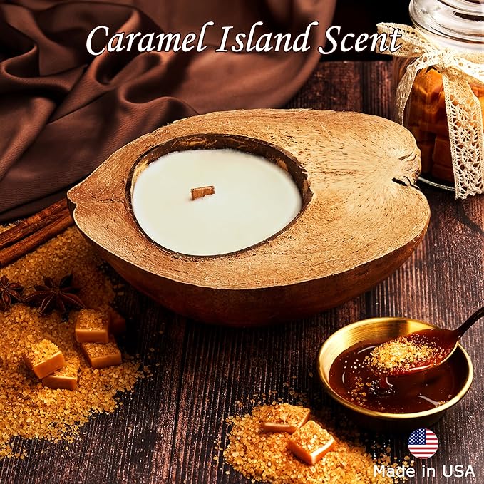 Scented Candle Clearance, Wooden Wick Soy Candles in a Big Coconut Shell, Relaxation Gifts for Women, Room Decor Natural Candles Non-Toxic (Caramel Island)