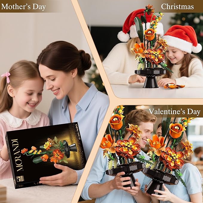 Flower Bouquet Building Blocks Set, Artificial Flowers Toys Botanical Collection DIY Unique Home&Office Bonsai Decoration Adults, Teen Girls for Birthday，Christmas, Holiday