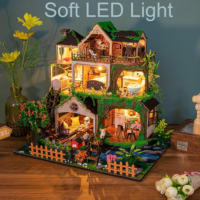 ISSEVE DIY Miniature House Kit, Tiny House Dollhouse Kit for Adults, Mini House Building Kits, Halloween Christmas Home Bookshelf Decoration, Gifts for Family and Friends (Forest Castle)
