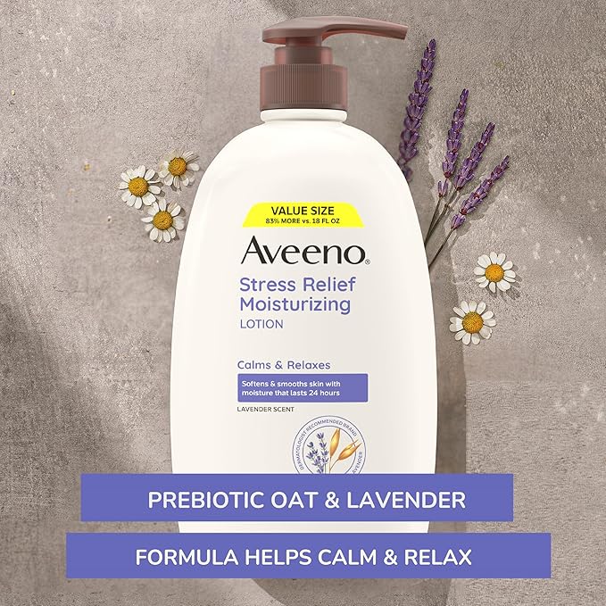Aveeno Stress Relief Moisturizing Body Lotion 33 Fl Oz, Lavender Scent with Prebiotic Oat, Hydrating 24-Hour Moisturizer Non-Greasy for Dry Sensitive Skin, Paraben & Dye Free, Calming & Relaxing