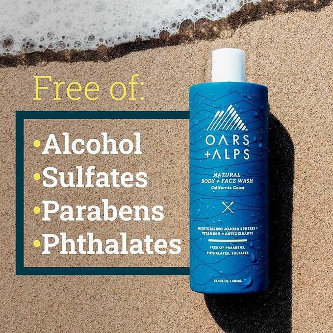 Oars + Alps Men's Moisturizing Body and Face Wash, Skin Care Infused with Vitamin E and Antioxidants, Sulfate Free, California Coast, 3 Pack