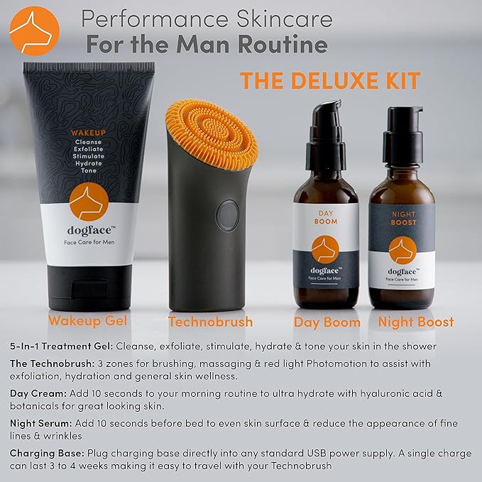 Dogface Deluxe Kit – Men’s Red Light Facial Brush with Silicone Bristles, Hyaluronic Acid, Retinol Night Serum, Technobrush, Wakeup Gel, Day Boom, Night Boost - Free Shower Caddy