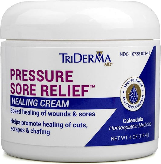 TriDerma MD Pressure Sore Relief Healing Cream for Bed Sores Treatment, Ulcers, Pressure Sores, Wound Healing, Chafed Skin and Hard-to-Heal Skin Sores with Calendula and AP4 Aloe, 4 oz Jar
