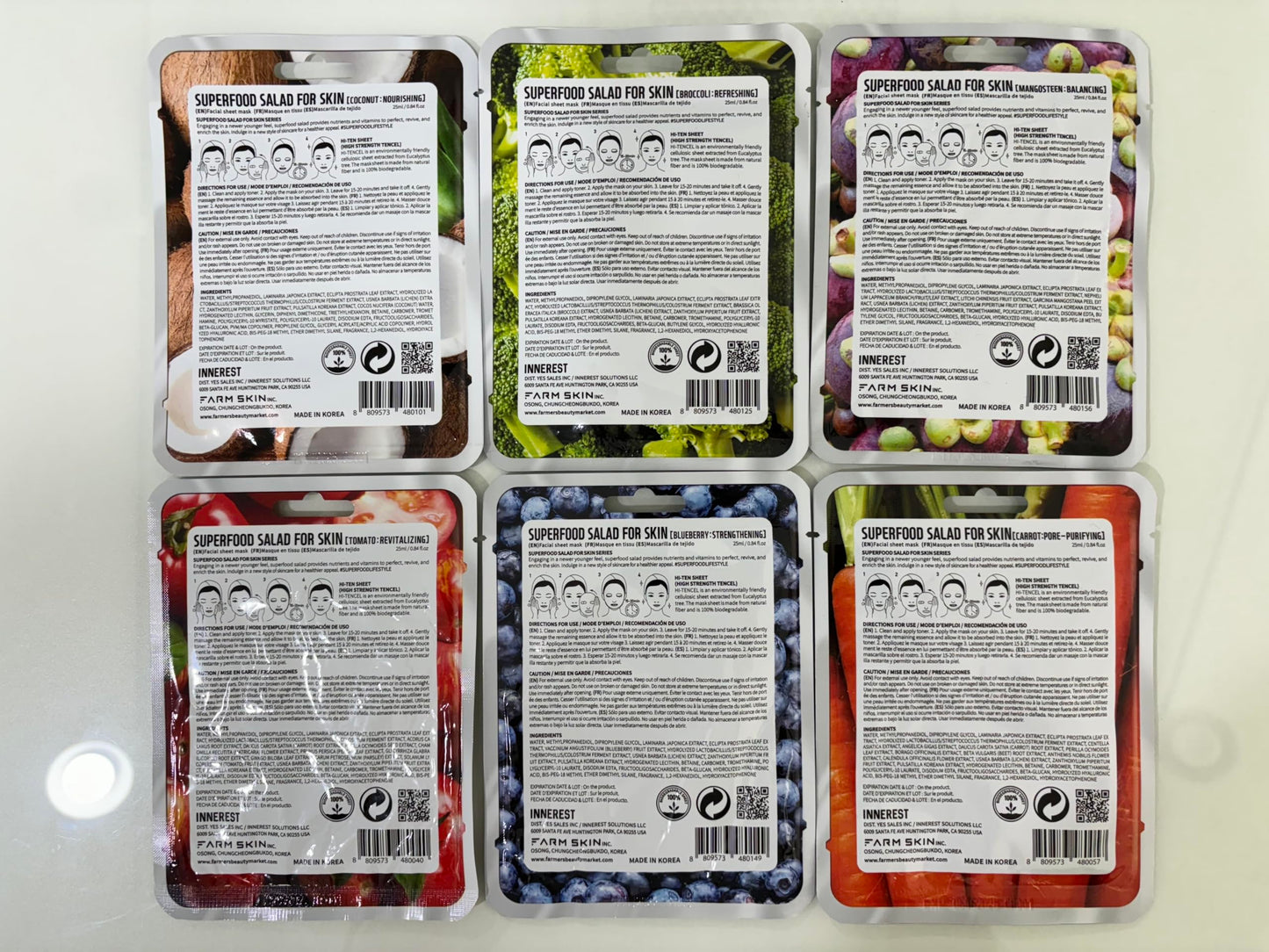 FARMSKIN Superfood Salad Sheet Mask Set of 6 | Korean Face Mask Sheets w/Mangosteen, Broccoli, Carrot, Coconut, Blueberry & Tomato | Refreshing, Nourishing & Cruelty-Free Face Mask Skincare Set