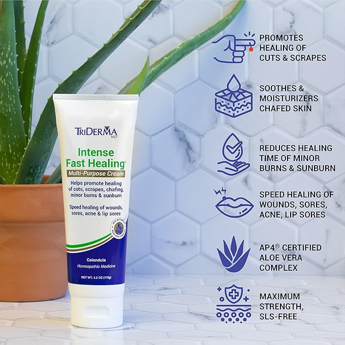 TriDerma Intense Fast Skin Healing Cream for Hard-to-Heal Skin Irritations, Sores, Rashes, Dry, Cracked Hands, Cuts, Chafing, Burns, Scrapes - First Aid Kit Essential - FSA Eligible - 4.0 oz Tube