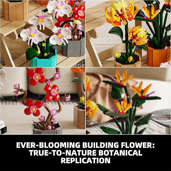 Flower Bouquet Building Blocks 4 Set, Artificial Flowers Toys Botanical Collection DIY Unique Home&Office Bonsai Decoration Adults, Teen Girls for Birthday