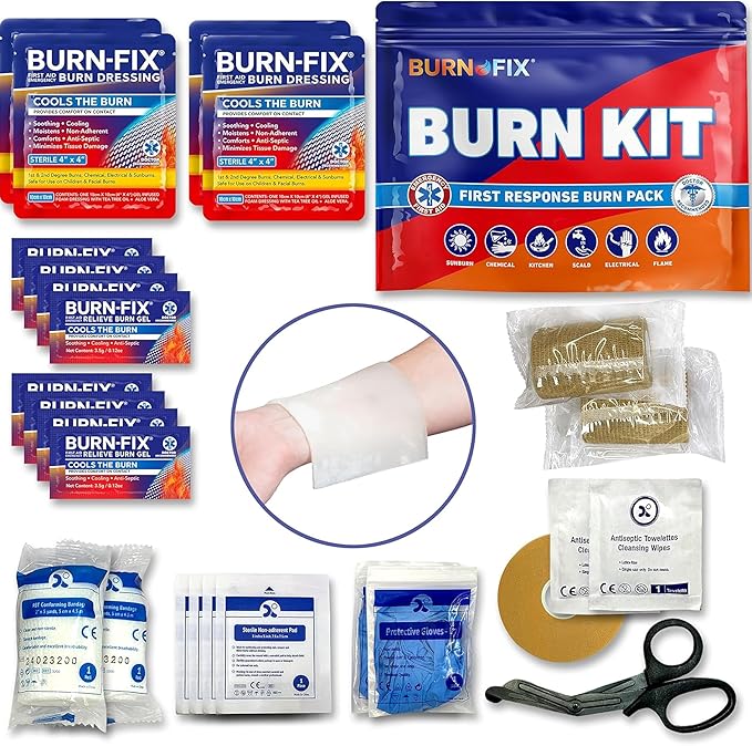 BurnFix® Burn Kit First Aid Recommended by Doctors, Comprehensive 25pcs First Aid Kit Includes First Aid Burn Cream, Burn Dressing, Gloves, Scissors, Wipes Burn Relief - Sunburn, Flame Burn, Burn Care