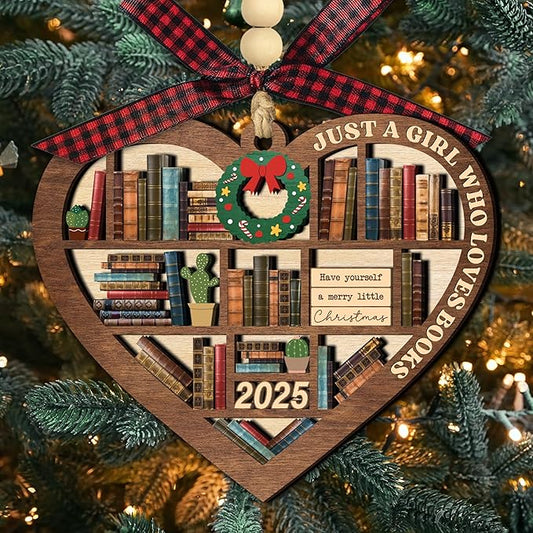 Just A Girl Who Loves Books Ornament 2025 - Heart Bookshelf Wooden Christmas Ornament for Readers, Librarians & Bookworms - Christmas Tree Decorations 2 Layer Wood Keepsake with Gift Box