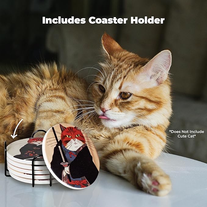 Cat Coasters Ninja Edition - Anime Cat Decor - Set of 6 Drink Coasters with Holder
