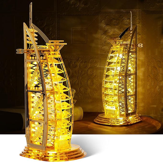 3D Puzzle Burj Al Arab Building Model Kit, DIY Dubai Landmark Building Model with LED Light, Home Decor Festival Gift for Adults & Children 100PCS (Golden)