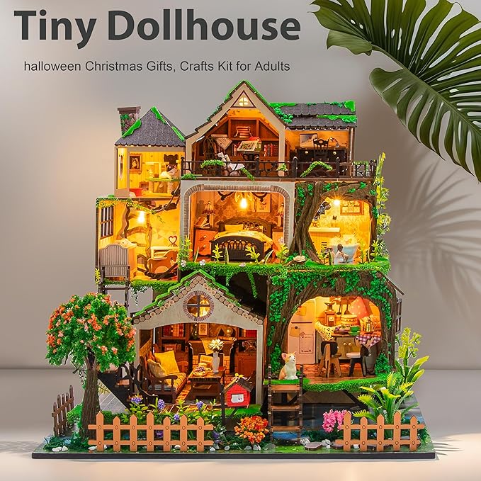 ISSEVE DIY Miniature House Kit, Tiny House Dollhouse Kit for Adults, Mini House Building Kits, Halloween Christmas Home Bookshelf Decoration, Gifts for Family and Friends (Forest Castle)