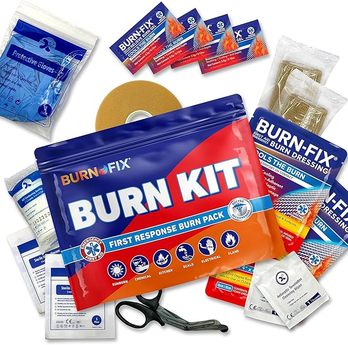 BurnFix® Burn Kit First Aid Recommended by Doctors, Comprehensive 25pcs First Aid Kit Includes First Aid Burn Cream, Burn Dressing, Gloves, Scissors, Wipes Burn Relief - Sunburn, Flame Burn, Burn Care