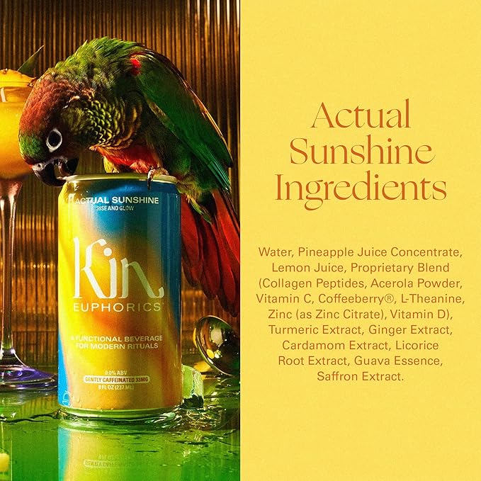 Kin Euphorics Actual Sunshine Non-Alcoholic Functional Beverage | Rise and Glow from Within | Immunity + Beauty Booster | Adaptogens, Nootropics | 8 FL Oz, 12PK