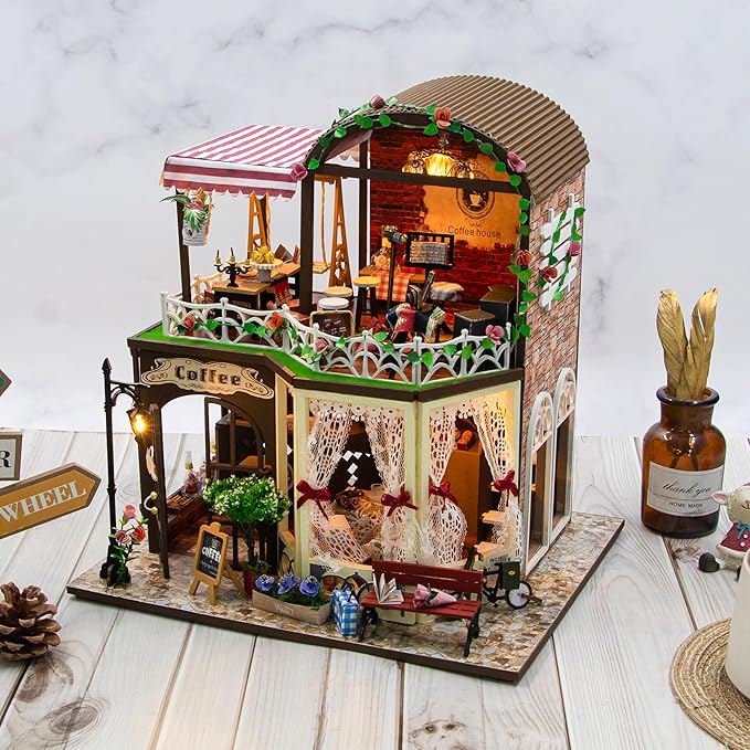 ISSEVE DIY Book Nook Kit, Miniature House Kit with LED Light for Booknook, Mini House Building Kit for Adults, Tiny Dollhouse Bookshelf Home Decor Halloween Christmas Crafts Gifts (Coffee Time)