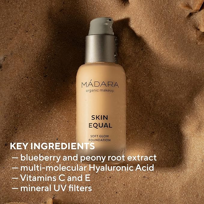 MÁDARA Organic Skincare | Skin Equal Soft Glow Foundation SPF15 PORCELAIN IVORY 10-30ml, Mineral foundation with hyaluronic acid, Buildable medium coverage, Dewy foundation, Vegan, COSMOS certified