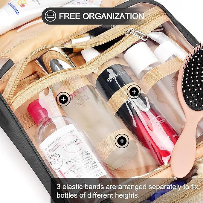 Travel Hanging Toiletry Bag for Women and Men, with 8 Leak Proofing Silicone Bottle Covers, Waterproof Makeup Accessories, Cosmetic Essentials, Cruise Ship Toiletries Bag with Jewelry Organizer, Black