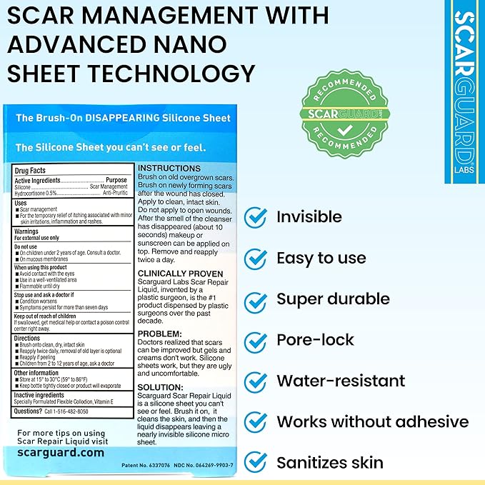 Invisible Brush-On Silicone Sheet with Vitamin E - Scar Removal for Keloids, Burn Scars, Surgery Scars, Stitches, Cuts - No Ugly Scar Sheets, Cream or Messy Scar Gel Needed