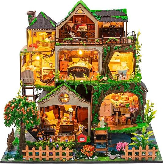 ISSEVE DIY Miniature House Kit, Tiny House Dollhouse Kit for Adults, Mini House Building Kits, Halloween Christmas Home Bookshelf Decoration, Gifts for Family and Friends (Forest Castle)