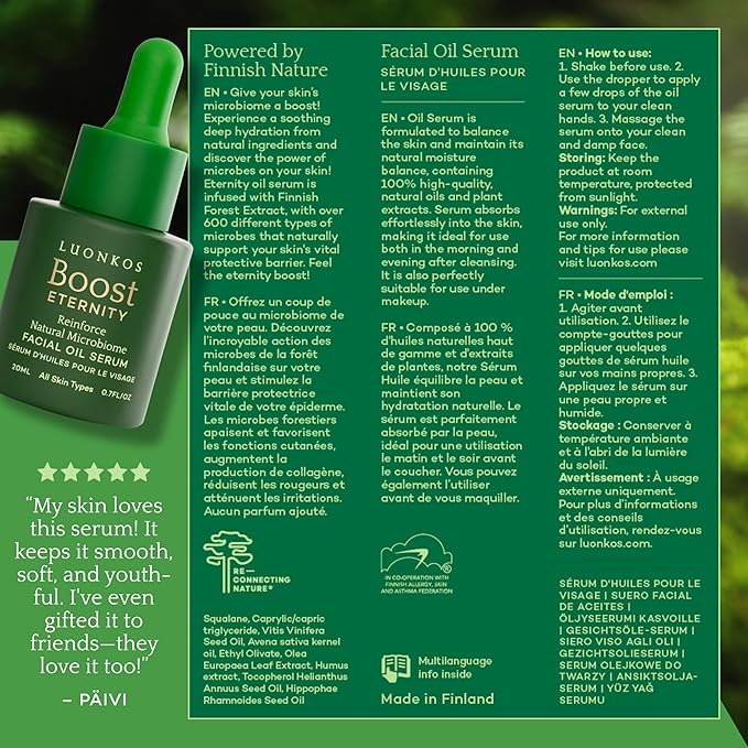 Eternity Oil Face Serum 20ml - Deep Hydration & Soothing for All Skin Types, with Forest Microbes, Squalane and Vitamin E - Revitalizes and Strengthens Skin Barrier