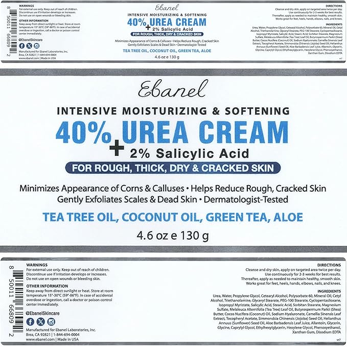 Ebanel Urea Cream 40% plus Salicylic Acid 2%, Foot Cream for Dry Cracked Heels Feet Knees Elbows Hands, Foot Dead Skin Cuticle Callus Remover Toenail Softener, Keratolytic Skin Barrier Repair, 6-Pack