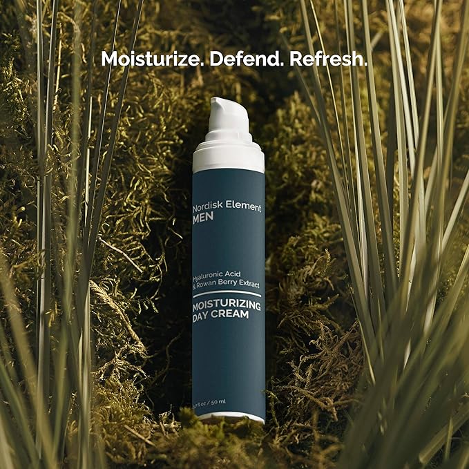 Nordisk Element Moisturizing Day Cream for men with Hyaluronic Acid and Rowan Berry Extract, Deep Hydration and Antioxidant Protection, Non-Greasy, Vegan, Paraben-Free, Sulfate-Free, 1.7 Fl Oz