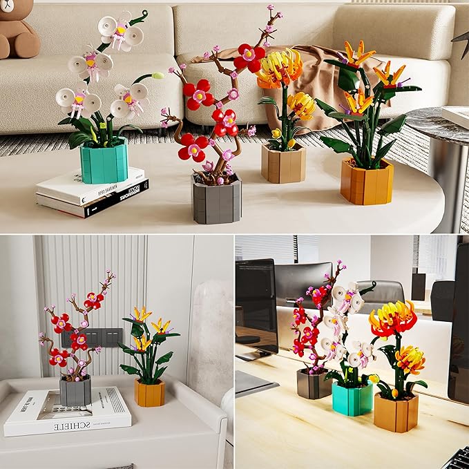 Flower Bouquet Building Blocks 4 Set, Artificial Flowers Toys Botanical Collection DIY Unique Home&Office Bonsai Decoration Adults, Teen Girls for Birthday