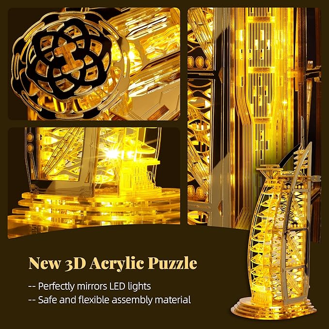 3D Puzzle Burj Al Arab Building Model Kit, DIY Dubai Landmark Building Model with LED Light, Home Decor Festival Gift for Adults & Children 100PCS (Golden)