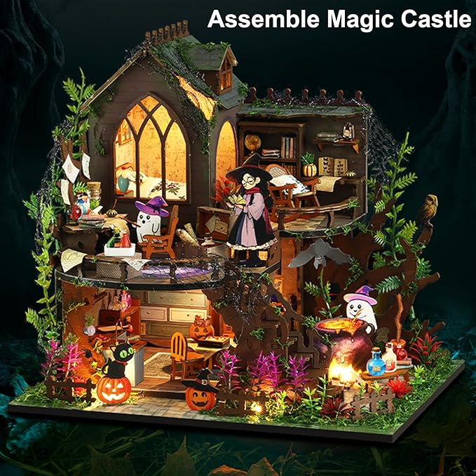 ISSEVE DIY Miniature House Kit, Tiny House Dollhouse Kit for Adults, Mini House Building Kits, Halloween Christmas Home Bookshelf Decoration, Gifts for Family and Friends (Magic Castle)