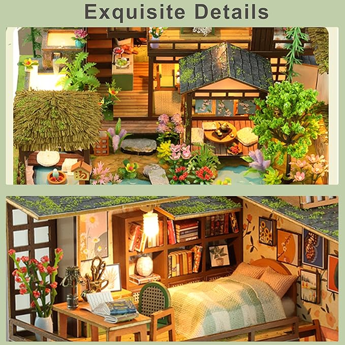 ISSEVE DIY Miniature House Kit, Tiny House Dollhouse Kit for Adults, Mini House Building Kits, Halloween Christmas Home Bookshelf Decoration, Gifts for Family and Friends (Bamboo Spring Courtyard)