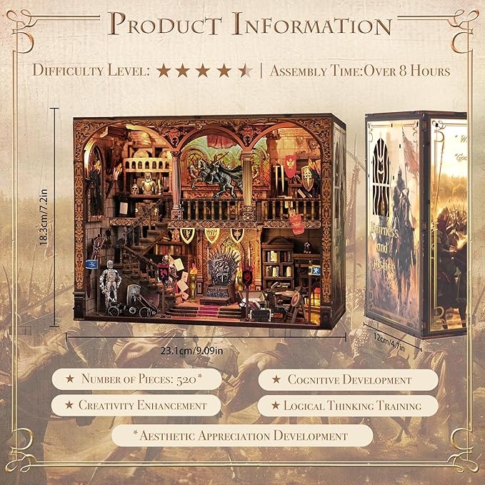 Book Nook Kit - DIY Medieval Castle Booknook for Adults & Teens, 3D Wooden Puzzle Bookshelf Insert with LED Lights, Unique Creative Craft Gift for Home Decor & Model Building