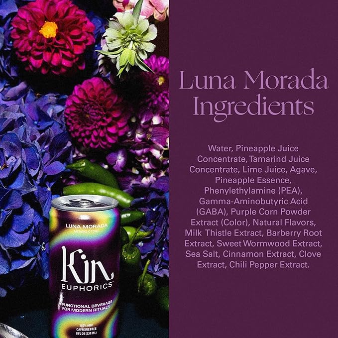 Kin Euphorics Luna Morada Non-Alcoholic Functional Beverage | Metabolic Tonic for Digestive & Liver Support | Caffeine-Free & Functional Beverage | 8 Fl Oz (24pk)